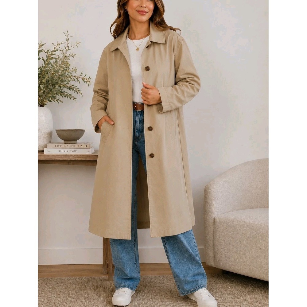 Universal Thread Women's M Long Trench Coat Beige Khaki Plaid Lined Jacket